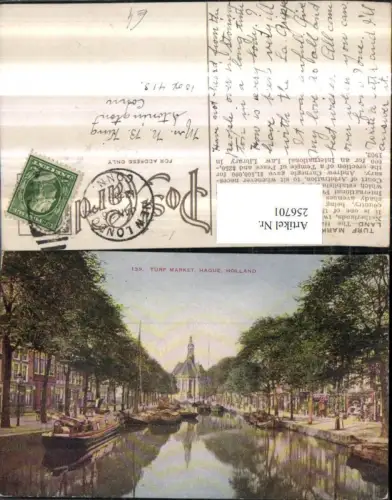 256701,Den Haag Hague Turf Market Fluss Boote Segelboote Blick auf Kirche