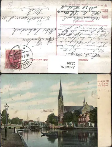 273011,Niederlande Haarlem R. K. Kerk Spaarne Kirche Fluss Ruderboot