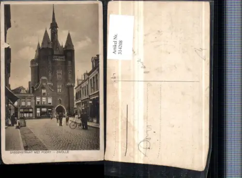 314208,Zwolle Sassenstraat met Poort Straßenansicht m. Stadttor Turm Geschäfte