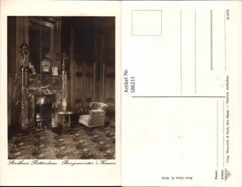 586211,Stadhuis Rotterdam Burgemeesters Kamer Interieur Kamin Standuhr Netherlands