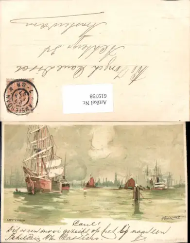 619798,Lithographie Henri Cassiers Amsterdam Segelschiff Hafen