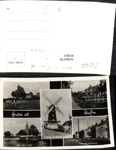 653611,Mehrbild Ak Groeten uit Haaften Ned. Herv. Kerk Windmühle Molen De Blauwe Reiger Nederlands