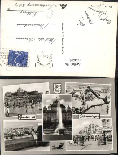 653616,Mehrbild Ak Den Haag Groeten uit Scheveningen Strandleben Springbrunnen Nederlands