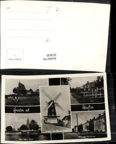 653630,Mehrbild Ak Groeten uit Haaften Ned. Herv. Kerk Windmühle Molen De Blauwe Reiger Nederlands