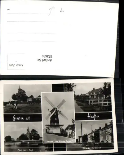 653659,Mehrbild Ak Groeten uit Haaften Ned. Herv. Kerk Molen De Blauwe Reiger Windmühle Nederlands