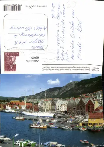 636396,Bergen Parti fra Vägen Bryggen med Statsraed Lehmkuhl Segelschiff Boote Norway
