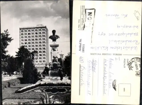 189311,Rumänien Braila Hotel Traian Ansicht m. Säule Denkmal i. Vordergrund