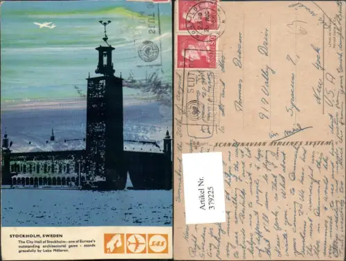 379225,Künstler AK Sweden Stockholm City Hall Rathaus Gebäude Turm Flugzeug