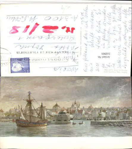 510901,Künstler AK Jacob Hägg Sweden Gotland Visby medeltida hamm Segelschiff