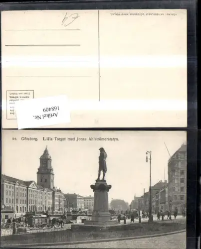 168409,Göteborg Lilla Torget med Jonas Ahlströmerstatyn Statue Kutsche Personen