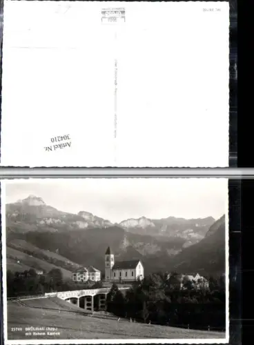 304210,Brülisau Teilansicht Kirche Brücke m. Hohem Kasten Bergkulisse Kt Appenzell