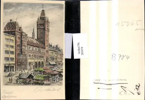 203474,Basel Rathaus Original Radierung Handcoloriert Markt Kt Basel-Stadt