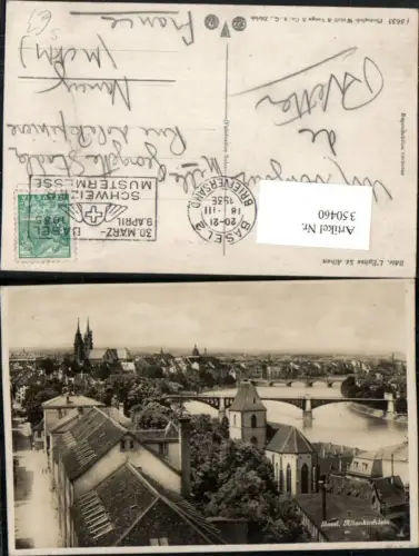 350460,Basel Teilansicht m. Albankirchlein Kirche Brücke Schweizer Mustermesse 1935 Stempel