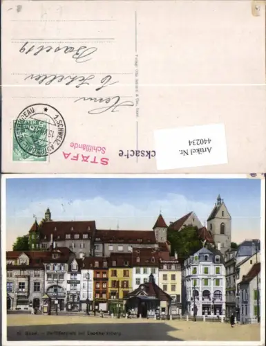 440234,Basel Barfüßerplatz m. Leonhardsburg 1. Schweizer Automobile Postbureau Stempel
