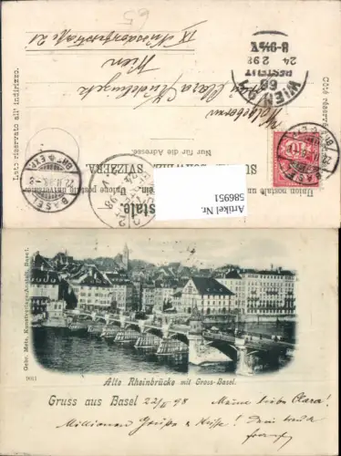 586951,Litho Basel Alte Rheinbrücke u. Gross-Basel Brücke Switzerland Basel