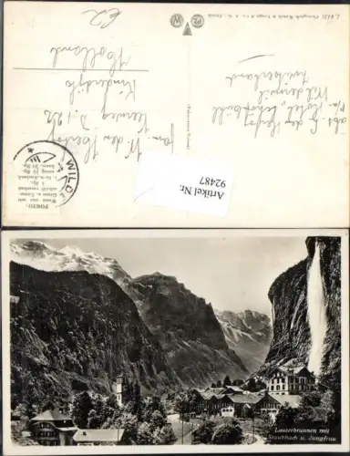 92487,Lauterbrunnen Ortsansicht m. Staubbach u. Jungfrau Kt Bern