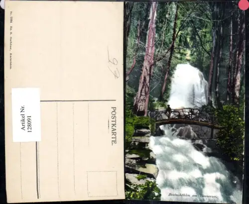 128091,Beatushöhlen a. Thunersee Ansicht Wasserfall Brücke u. Mann Kt. Bern