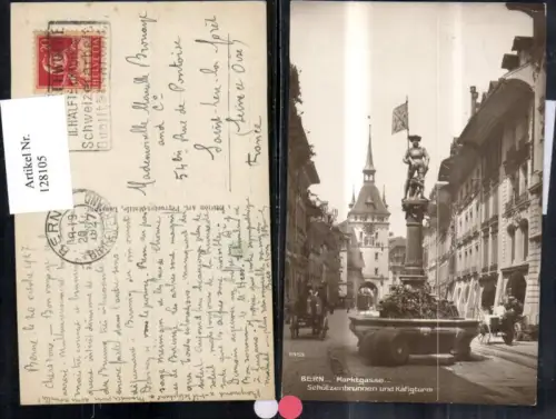 128105,Bern Marktgasse Schützenbrunnen u. Käfigturm Strassenansicht 1927 Kt. Bern
