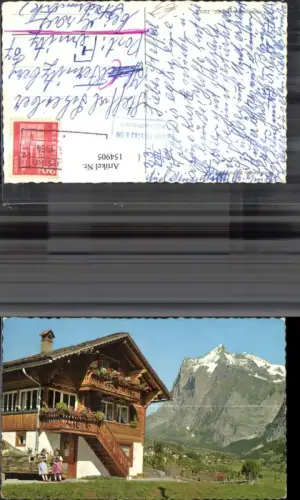 154905,Grindelwald Wetterhorn Ansicht Alpenhaus Haus m. Mädchen i. Tracht Dirndl Kt Bern