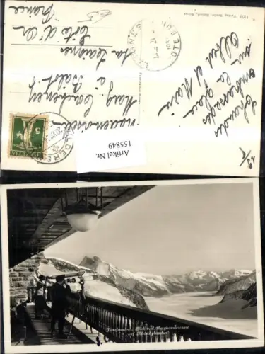 155849,Jungfraujoch Blick v. d. Berghausterrasse u. Aletschgletscher Ansicht Fernrohr Personen 1934 Kt Bern