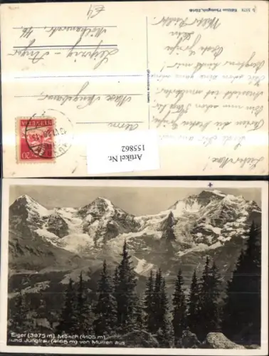 155862,Eiger Mönch u. Jungfrau v. Mürren aus 1928 Kt Bern