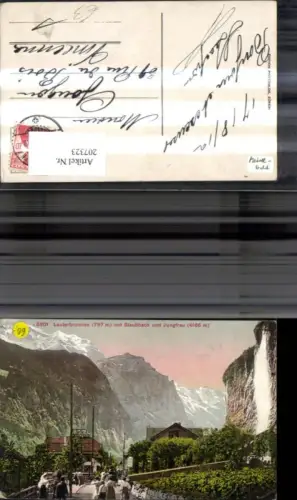 207323,Lauterbrunnen m. Staubbach u. Jungfrau Wasserfall Personen a. Strasse Kt Bern
