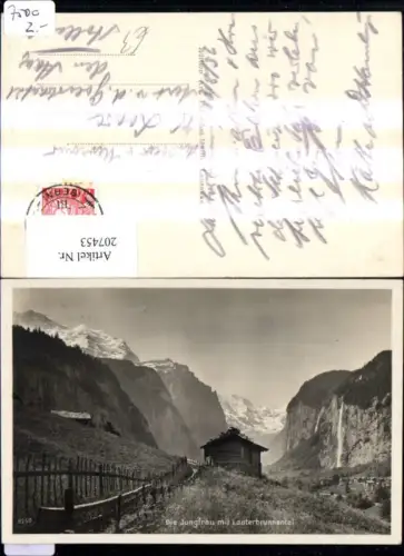 207453,Die Jungfrau m. Lauterbrunnen Staubbach Wasserfall Hütte i. Vordergrund Kt Bern