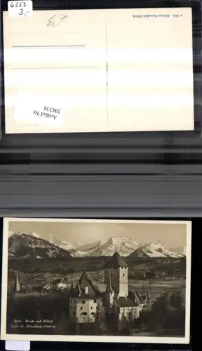 208338,Spiez Kirche u. Schloss geg. d. Blüemlisalp Kt Bern