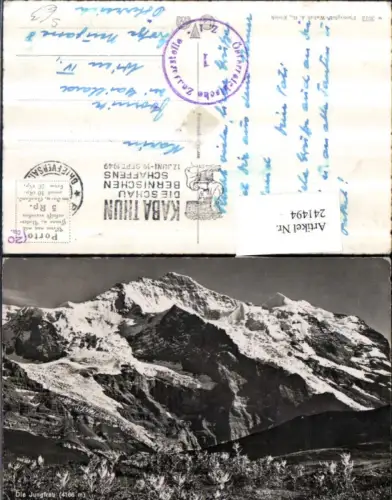 241494,Die Jungfrau b. Interlaken Bergkulisse Kt Bern Kabathun Schau Bernischen Schaffens 1949 Stempel