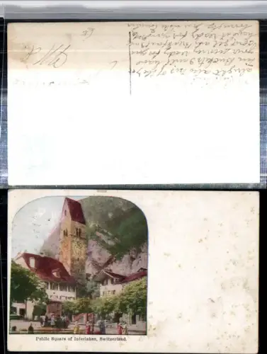 309553,Interlaken Publick Square Platz Kirchenturm Brunnen Kt Bern