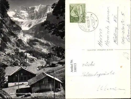 350513,Grindelwald Kirche u. Viescherhörner Bergkulisse Kt Bern