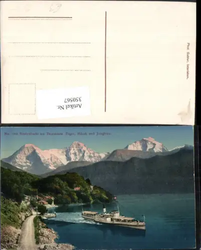 350567,Beatenbucht am Thunersee m. Eiger Mönch u. Jungfrau Dampfer Bergkulisse Kt Bern