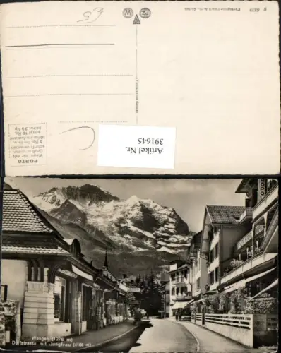 391645,Wengen Dorfstraße Bank Photohaus m. Jungfrau Bergkulisse Kt Bern
