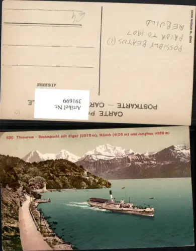 391699,Thunersee Beatenbucht Dampfer m. Eiger Mönch u. Jungfrau Bergkulisse Kt Bern