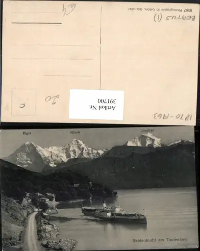 391700,Beatenbucht am Thunersee Dampfer m. Eiger Mönch Jungfrau Bergkulisse Kt Bern