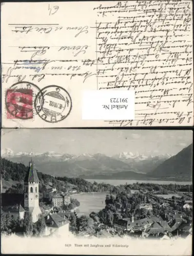 391723,Thun Teilansicht Kirche m. Jungfrau u. Blümlisalp Bergkulisse Kt Bern