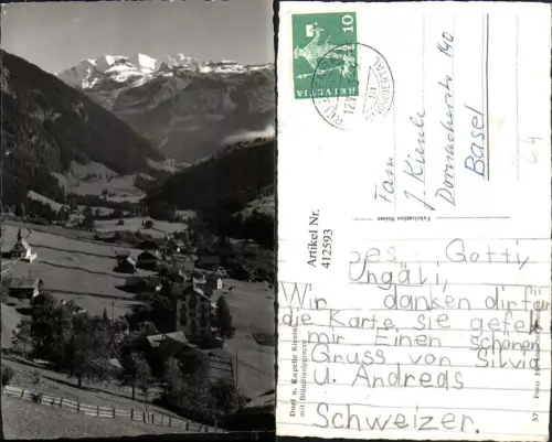 412593,Dorf u. Kapelle Kiental Totale m. Blümlisalpgruppe Bergkulisse Kt Bern
