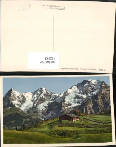 412683,Oberberg b. Mürren Almhütte m. Eiger Mönch Jungfrau Bergkulisse Kt Bern