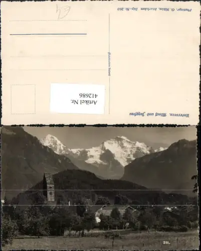 412686,Unterseen Teilansicht Kirche m. Mönch u. Jungfrau Bergkulisse Kt Bern