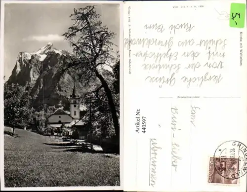 440597,Grindelwald Kirche m. Wetterhorn Bergkulisse Kt Bern
