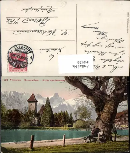 440636,Thunersee Scherzligen Kirche m. Stockhorn Bergkulisse Kt Bern