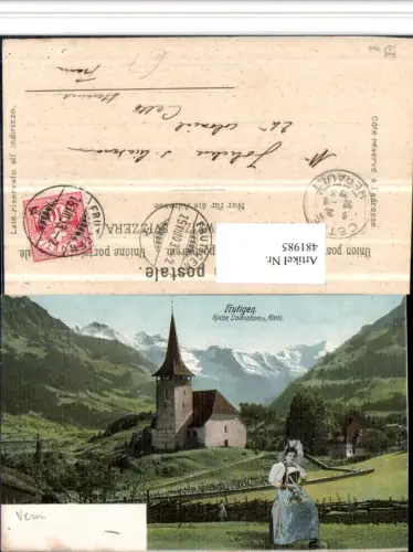 481985,Frutigen Tracht Kirche m. Altels Bergkulisse Kt Bern