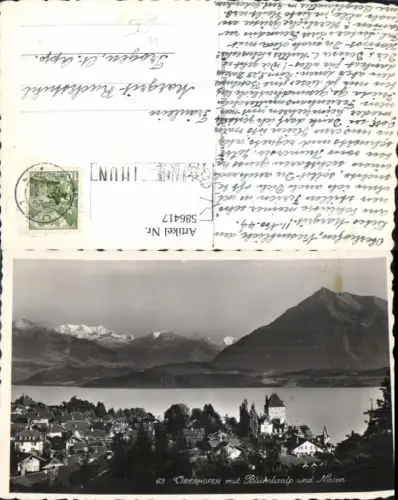 586417,Foto Ak Oberhofen am Thunersee m. Blümlisalp u. Niesen Thun Switzerland