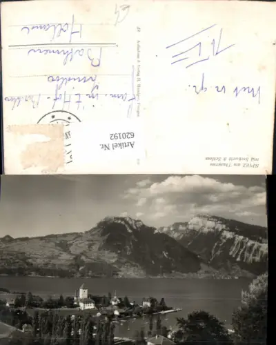 620192,Foto Ak Spiez a. Thunersee m. Seebucht u. Schloss