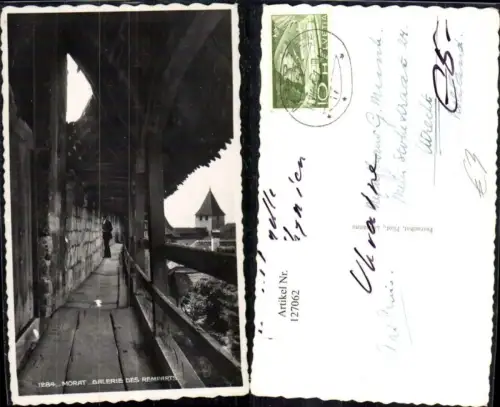 127062,Morat Muten Galerie des Remparts Ansicht Ringmauer m. Mann Kt. Freiburg
