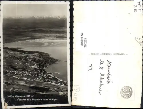 200238,Chaumont Vue prise de la Tour sur le lac et les Alpes Luftbild Kt Freiburg