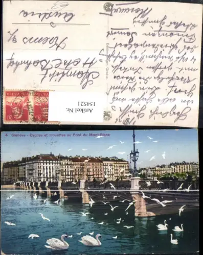 154521,Genf Geneve Cygnes et mouettes au Pont du Mont Blanc Ansicht Brücke Schwäne Vögel 1926 Kt Genf