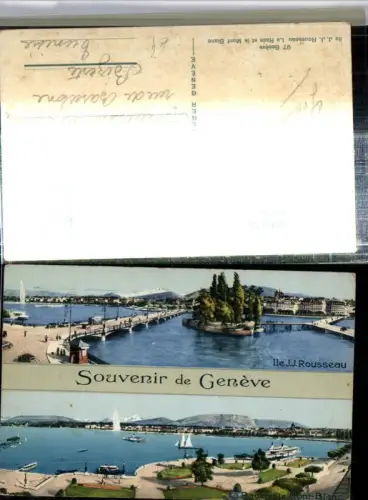 309736,Geneve Genf Ile Rousseau La Rade et le Mont-Blanc Insel Brücke Dampfer Mehrbildkarte