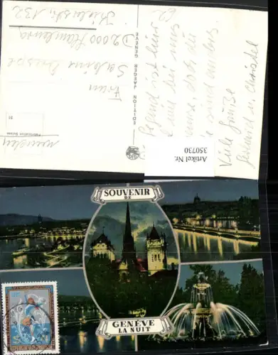 350730,Geneve Genf b. Nacht Teilansicht Kirche Brunnen Mehrbildkarte