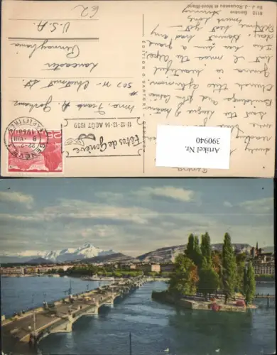 390940,Geneve Genf Ile Rousseau et Mont-Blanc Insel Brücke Bergkulisse